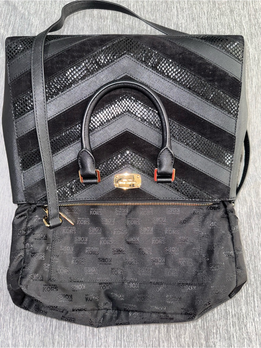 Michael Kors Black Saffiano and Suede Leather Chevron-Texture Satchel - Picture 10 of 11